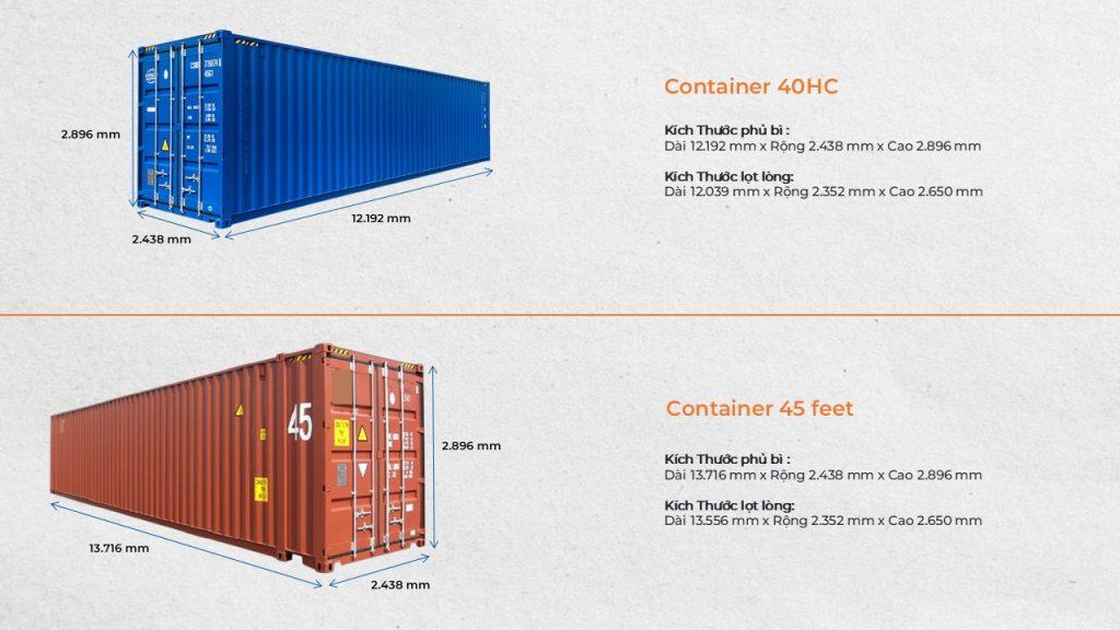 Kích thước container 40 feet cao (HC) và 45 feet